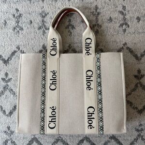 Chloé Beige Canvas Logo Tote with Patterned Trim
